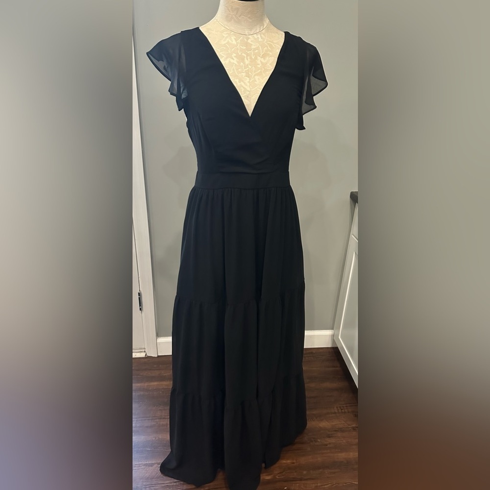 Lulus Charming Success Black Tiered Lace-Up Backless Maxi Dress Size L - Picture 6 of 11